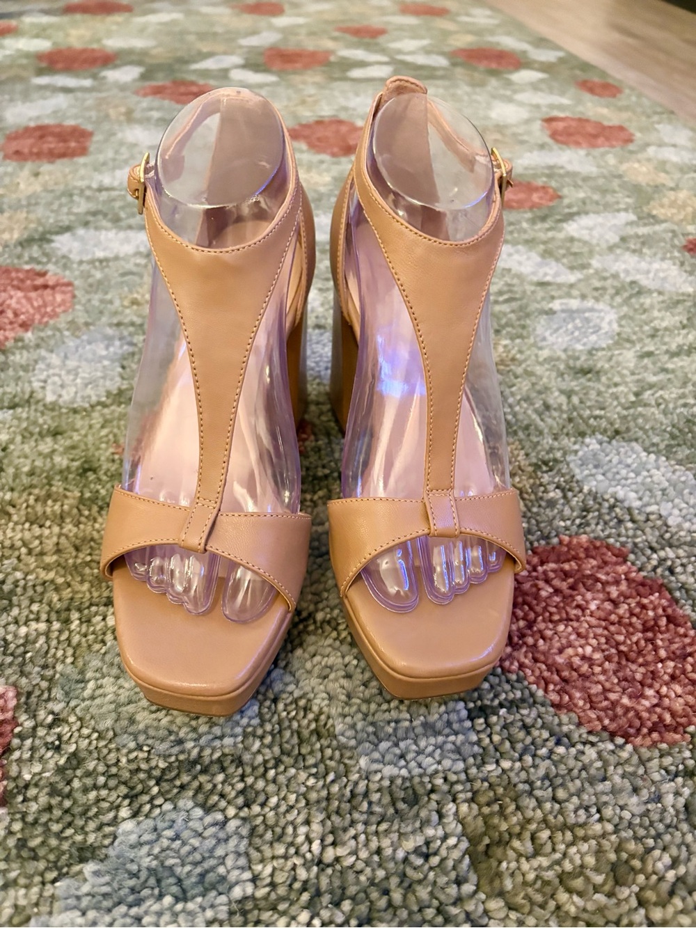NATURALIZER 27 EDIT ANKLE T-STRAP LEATHER PLATFORM HEELS WOMENS 7.5 TAN LIKE NEW